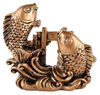 lachineuse - Figurine Carpes Feng Shui - Symbole de Réussite et de Contournement des Obstacles - pour Bureau, Maison - Statuette Carpes Koi - 7,5 x 8 x 3 cm - Déco Asiatique - Coloris Doré