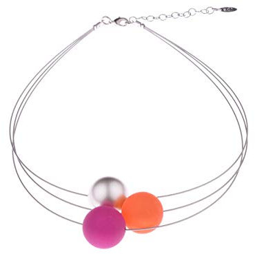 Adi Modeschmuck 3-strängiger Halsreif Mara, 20mm Polarisperlen mit einer Akzentperle aus metallic lackiertem Acryl,handgefertigt in Berlin (Orange, Himbeer mit silber metallic)