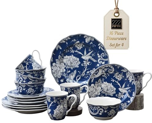 222 Fifth Adelaide 16-Piece Dark Blue Porcelain Dinnerware Set – Service for 4, Plate, Bowl & Mug Set, Bird & Floral Design, Everyday Big Dinner Plates and Bowls Sets, Microwave & Dishwasher Safe