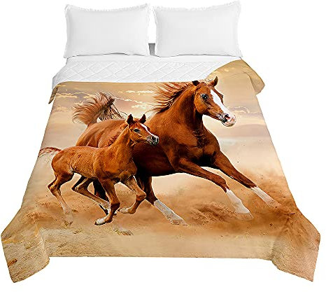 Surwin Tagesdecke Bettüberwurf Steppdecke für Doppelbett Einzelbett, Mikrofaser Wattiert Gesteppt Bettdecke 3D Pferd Druck Dünne Tagesdecken mit Ultraschall Prägung (Wüstenpferd,150x200cm)