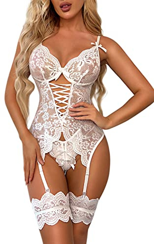 EVELIFE Ensemble Lingerie Femme Body Porte Jarretelle Bande Cuisse Babydolls sous Vetements Cuisse Jarretière (Blanc,S)