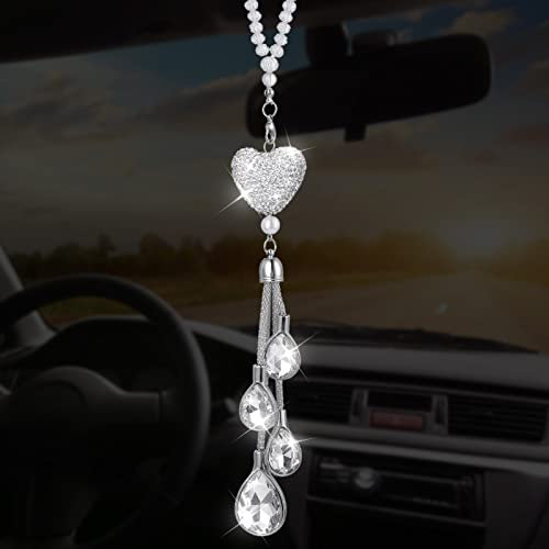 Cobee Ciondolo a forma di cuore con diamanti da appendere all'auto, con cristalli per specchietto retrovisore, decorazione da appendere all'interno, accessorio decorativo portafortuna per donne