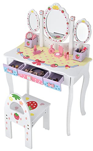 Maxmass Kids Dressing Table and Chair, 2-in-1 Vanity Table with Tri-Fold Mirror, 3 Drawers and 2 Storage Boxes, Girls Makeup Desk & Chair Set for Children Toddlers (White)