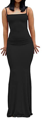 WINKEEY Sexy Maxi Robe Femme Robe Longue Moulante à Bretelles Robe d'été Slim Fit Casual Soirée Cocktail, 1 Noir XS