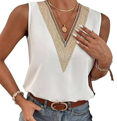 Camiseta sin Mangas Mujer Top con Cuello en V Tops de Encaje Camisa Verano Camisetas Sexy Blusa Casual Cami Tank Tops Suelta Informal Playa