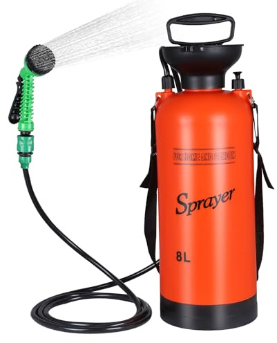 Finderomend 2.1 Gallon Portable Shower for Camping with 7 Spray Modes, Hand Press Camping Shower with Removable Hose and Shower Head,8L Pressure Rinse Kits for Hiking Traveling Garden Beach Pet Shower