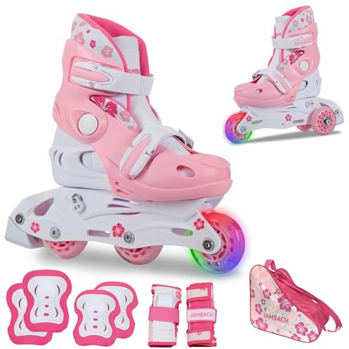 JAMBACH Kinder Inliner Set mit Protektoren verstellbar zum Rollschuh mit LED (Rosa, M (34-37))
