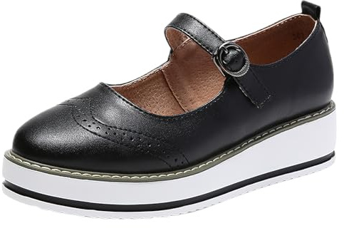 ANUFER Women's Platform Mary Jane Trainers Adjustable Buckle Strap Brogues Creepers Black SN0705165 UK5