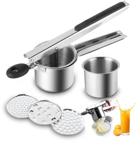FHISKUNYU Schiacciapatate Passapatate con 3 Colini Sostituibili, Schiacciapatate Professionale Acciaio Inox per Purè di Patate, Frutta, Verdure, bébé, Limone
