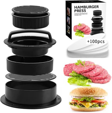 Eidyer Burger Press, 3 in 1 Nonstick Hamburger Patty Maker Kit for Different Sizes, with 100 Wax Paper Sheets for Perfect Round, Delicious Stuffed Burgers,BBQ Burgers