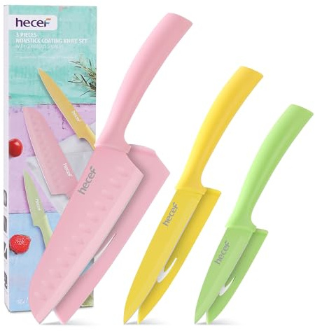 hecef Kitchen Knife Set of 3 - Colorful Knives with Blade Covers