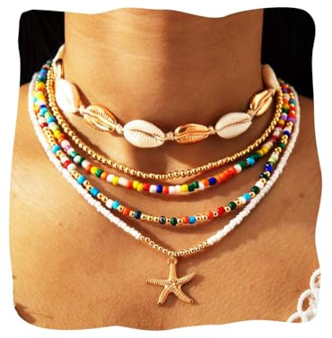 Collana a strati bohémien con perline e ciondolo stella marina, da donna, Misura unica, Conchiglia, perline, stella marina