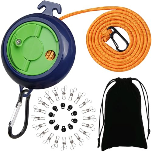 ZONSUSE Cuerda Tendedero Exterior Retractil, Tendedero de Viaje Adjustable, Tendedera Retractil 10m,con 10 Cierres y 20 Clips Cortavientos,para Interior Exterior Camping Viajes Accesorios (Verde-B)