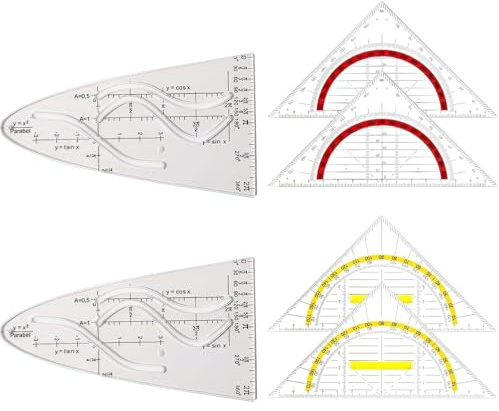 6er set,Geodreieck Mit Griff und Geodreieck Groß, Parabelschablone & Flexibel Geodreieck Set, Geometrie Dreieck Winkelmesser für Schule Studenten Büro
