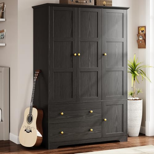ONBRILL 3 Doors Wooden Wardrobe Closet Armoire with Pull Out Pants Rack, Bedroom Large Capacity Armoire with Drawers and Shelves, Storage Cabinet for Hanging Clothes, Black