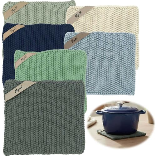 LS-LebenStil Vintage Topflappen 22cm Moosgrün Mynte Gestrickt 100% Baumwolle Oeko-TEX 100 waschbar Putzlappen Reinigungstuch Geschirrtücher Spültuch Fusselfrei