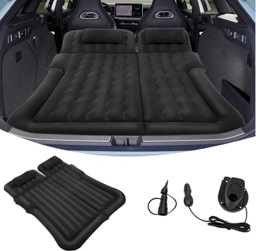 LUNICASHA Matelas gonflable de voiture avec pompe à air et 2 oreillers, portable double face épais pour SUV, lit gonflable pour coffre, banquette arrière, camping, voyage (noir)