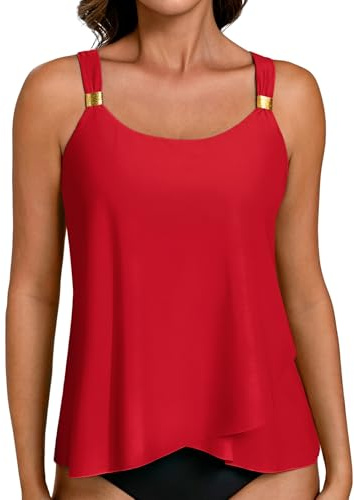 Hanna Nikole Tankini Top for Women, Adjustable Straps Blouson Swimsuit Top Only,Flowing Hem Bathing Suit Top,U Neck Swimming Costume Top with Pad (No Bottom)