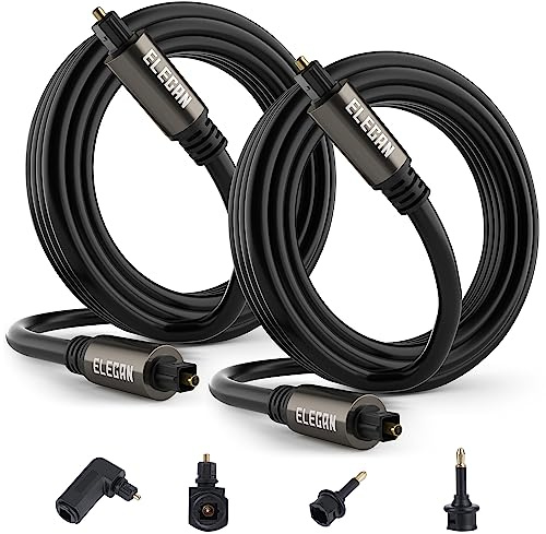 Elecan Optical Audio Cable 15 Ft/2 Pack Digital Audio Toslink Cable Cord-Fiber Optic-Gold Plated-Flexiable&Durable-for Home Theater,Sound Bar,PS4& Xbox-with Right Angled+Mini Toslink Adapters+Ties