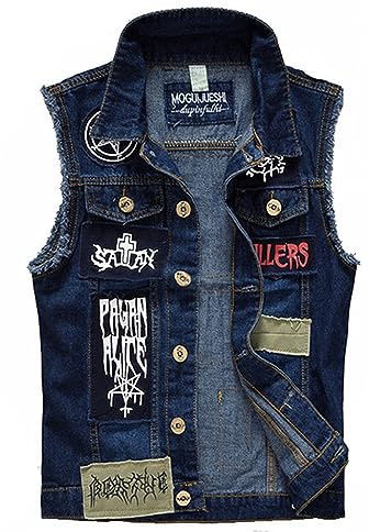 ESUKAR Classic Vintage Men's Jeans Vest Sleeveless Jackets Fashion Patch Designs Punk Rock Style Ripped Cowboy Frayed Denim Vest Tanks