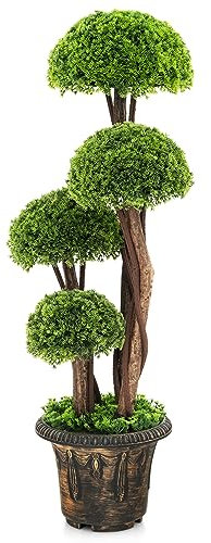 Giantex Albero artificiale a sfera di cedro in vaso 91 cm, albero topiario di bosso falso con vaso, arbusto rotondo imitazione, piante ornamentali per interni ed esterni