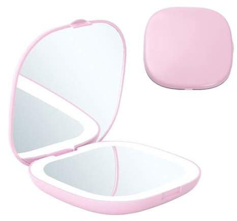 Taschenspiegel, LED Reisespiegel mit Licht Spiegel Klein, Tragbarer Makeup Spiegel, Taschenspiegel mit Vergrößerung 1X/3X, Taschenspiegel Handspiegel, Kosmetikspiegel Licht, LED Kompaktspiegel (Rosa)
