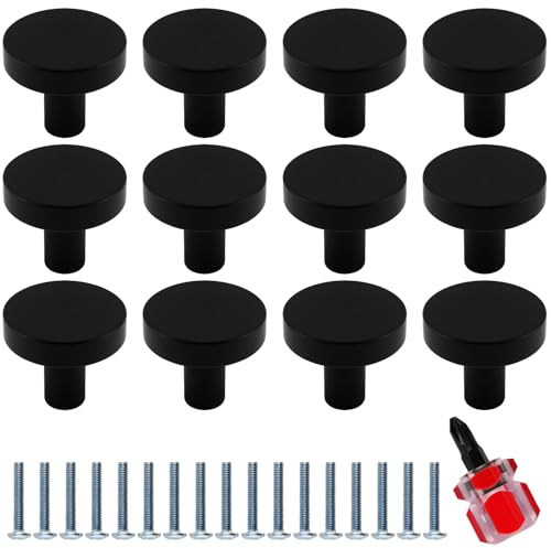 JIEHIN 12 stycken 30 mm möbelknoppar, svart metall, skåpknoppar svart med skruvar och skruvdragare, lådknappar, svarta dörrknappar, möbelknopp för garderob, skåp, låda