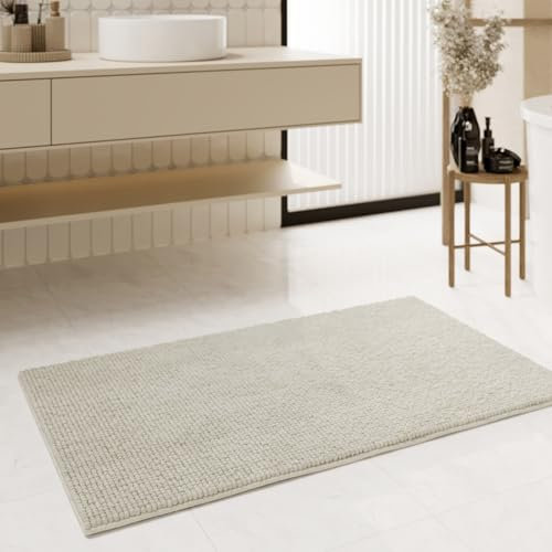 Moderner Chenille Badteppich von WECONhome Basics - rutschfest, Waschbar, Saugfähig - Stilvoll für jedes Badezimmer – Balu (70 x 120 cm, Elfenbein)