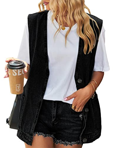 Oulivey Gilet in jeans da donna oversize, leggero, senza maniche, con bottoni, senza colletto, nero, X-Large