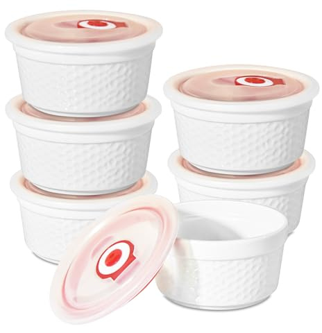 8OZ Ramekins Oven Safe with Lids, Creme Brulee Bowls with Covers, White Custard Cups for Baking, Dipping Sauce Cups, Classic Style Ramekins Bowls, Set of 6