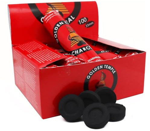 Golden Temple - 100 Carboncini per Incenso, Ideali per Incensi in Grani, Resine e Foglie, Naturali e Vegetali al 100%, Accensione Rapida, Lunga Durata, 100 Pezzi da 33mm, Quick Lightning Charcoal