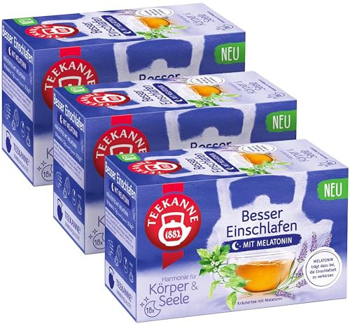 Teekanne Besser Einschlafen mit Melatonin 3er Pack (3x18 Teebeutel), Beruhigender Kräutertee mit Melatonin für besseren Schlaf, Natürliche Harmonie für Körper & Seele – Abendentspannung & Anti Stress
