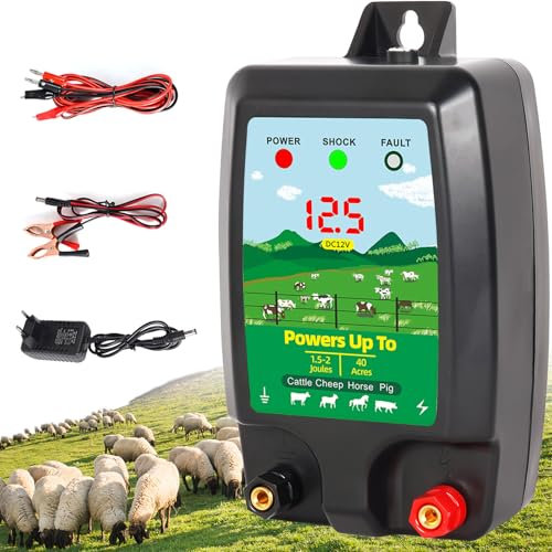 Warmfay Weidezaungerät 12V mit LED Anzeige, Elektrischer Schäferhund 2J Output für 10 km Reichweite, Wasserdicht Elektrozaungerät für Schutz von Nutztieren, Haustieren, Geflügel, Hausweide, Gärten