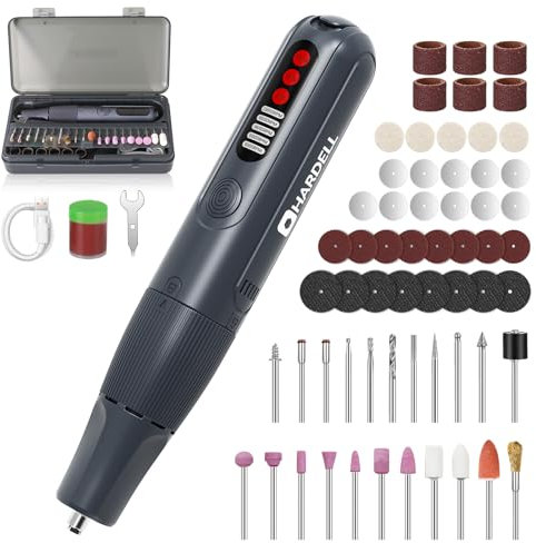 HARDELL Outil Rotatif Sans Fil 8V avec Affichage Digital, 5 Vitesses Variables et Mandrin Auto-Bloquant, Kit 61 Accessoires et Lampe LED pour Gravure, Perçage, Toilettage et Bricolage