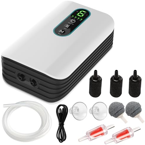 Redigerbar akvarieluftpump – uppladdningsbar bärbar dubbel, syrepump, tyst och energibesparande, justerbart flöde, perfekt för utomhusfiske, nödström och fisktransport (dubbelt utlopp)