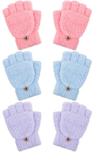 Geyoga 3 Pairs Kids Fingerless Gloves Winter Flip Gloves Warm Convertible Mitten for Girls Teenager Half Fingerless Mittens(Light Red, Light Purple, Sky Blue,5-10 Years)