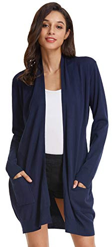 GRACE KARIN Cárdigan abierto de manga larga para mujer, azul marino, L | Manga larga, abierta, con bolsillos, alta elasticidad, elegante, de punto, ocio