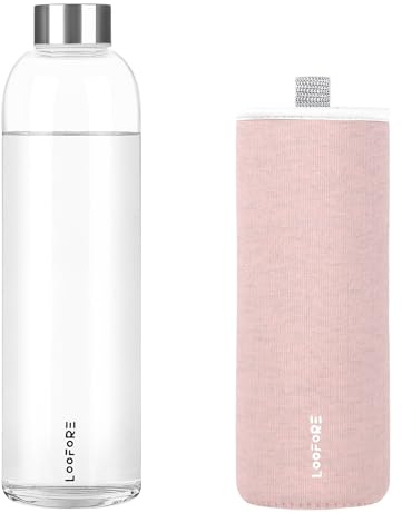 LOOFORE Glass Water Bottle 1L 1000ml, BPA-Free Leak Proof, 1 Litre Large Borosilicate Glass Drinking Bottles with Protective Sleeves for Sports and Gym with Hot Cold Drinks, 1 Pack