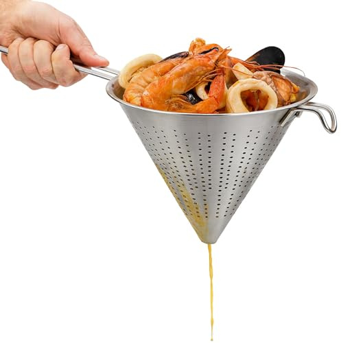 Colador Chino de Cocina, Colador forma cónica, colador Chino, Escurridor de Acero, Apto para para Pasta, Verduras, Frutas y Arroz, Acero inoxidable, Incluye 1 gancho de sujección, Diámetro 20 cm