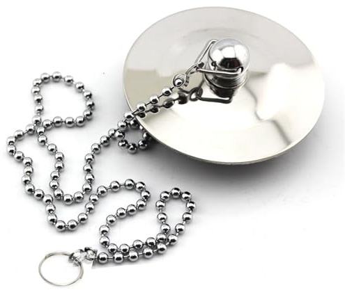 Qimopi - Tapón de desagüe de baño cromado con cadena de 40 cm inferior de goma para bañera y fregadero