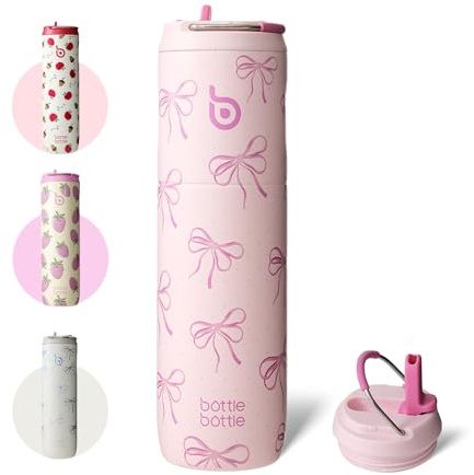 BOTTLE BOTTLE Borraccia isolata in acciaio inox, 750 ml, con cannuccia, coperchio e manico, a prova di perdite, senza BPA, a doppia parete, ideale per sport, viaggi e fitness (fiocco rosa)