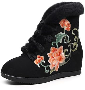 Stivaletti da Donna con Zeppa Nascosta E Ricami Floreali Stivali da Neve Invernali Caldi E Foderati in Peluche Scarpe Corti in Stile Tradizionale Cinese Hanfu(Black,40 EU)