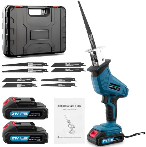 uifame Sierra de Sable a Batería 21V sin escobillas – Velocidad variable 0-4000 rpm, 2 Baterías, 8 Hojas de Sierra, Luz LED y Cargador Rápido. Corta Madera, Metal, PVC – en Azul