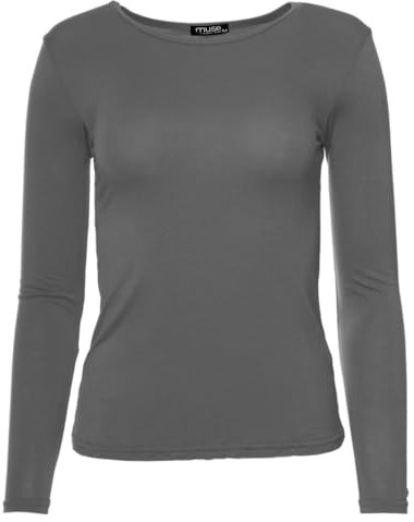 Easy Young Fashion - Damen Basic Rundhals Shirt - Langarm Unterziehshirt - Skinny Fit 1093 - Dunkelgrau L