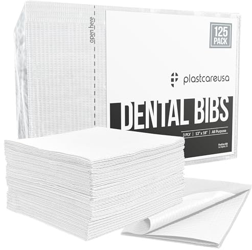 PlastCare USA Disposable Dental Bibs 13x18 (125 Pack) - 3 Ply Waterproof Tattoo Bib Sheet for Patients - Dentist or Medical Tray Covers and Nail Table Cover Supplies, White