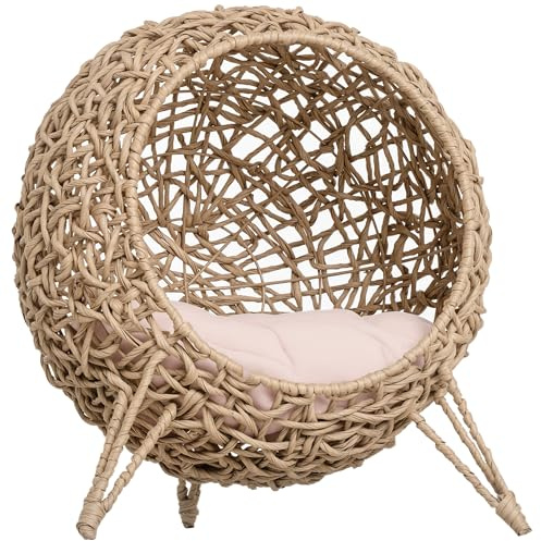PawHut Wicker Cat House, Ball-Shaped Rattan Raised Cat Bed - Natural Wood Finish