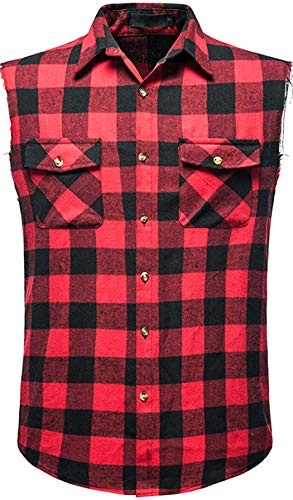 Iris Sprite Ärmlös rutig skjorta för män vardaglig flanell button-down-skjortor lös passform med ficka