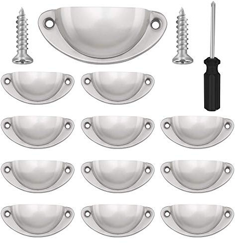 Vandicka 12 Pcs Silver Half Moon Shell Cup Pull Handles for Cabinet Cupboard Door Dresser Wardrobe Drawer with Screws & Screwdriver, 65mm Hole Centre, Polished Nickel
