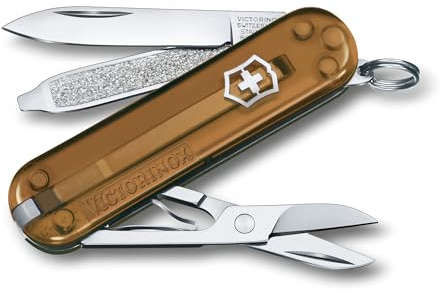 Victorinox Schweizer Taschenmesser, Klein, Classic SD, Multitool, Swiss Army Knife, Geschenk, 7 Funktionen, Klinge, Nagelfeile, Braun Transparent