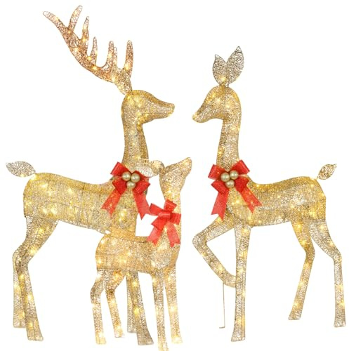 HOYECHI Lighted Christmas Decoration Deer 3 Piece, Light up Christmas Decor Reindeer Family Set for Indoor Outdoor Front Yard Porch with LED Lights, Plug, Extension Cord, Ground Stakes - Gold